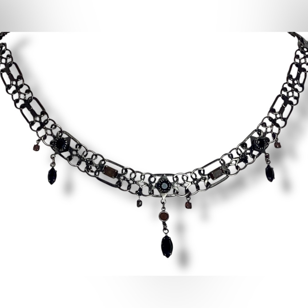 Vintage Dina Panagopoulos Short Gunmetal necklace black red gems dangle beads